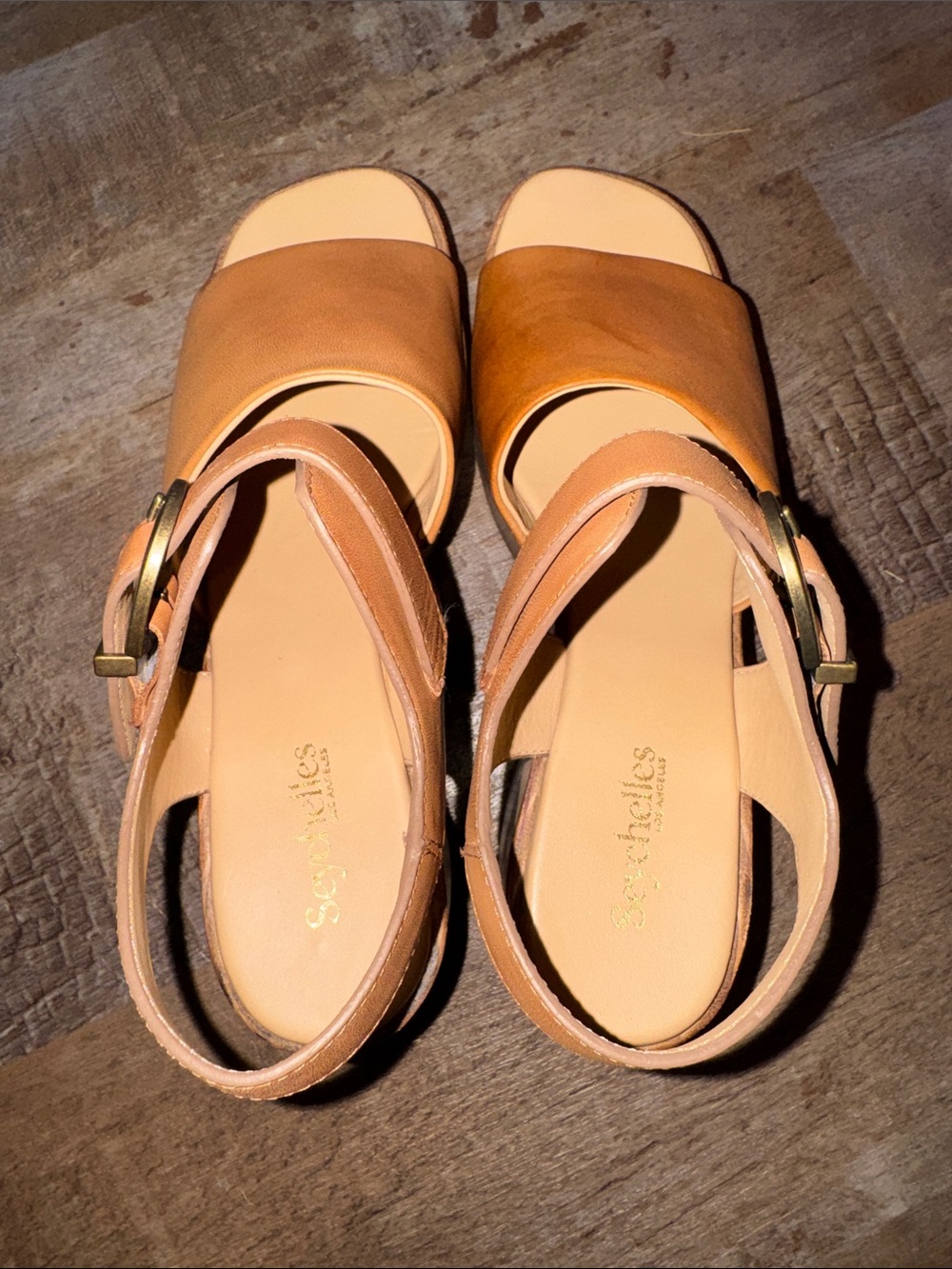 Seychelles Tan Leather Platform Sandals – Woodgrain Heel – Open Toe – Size 11